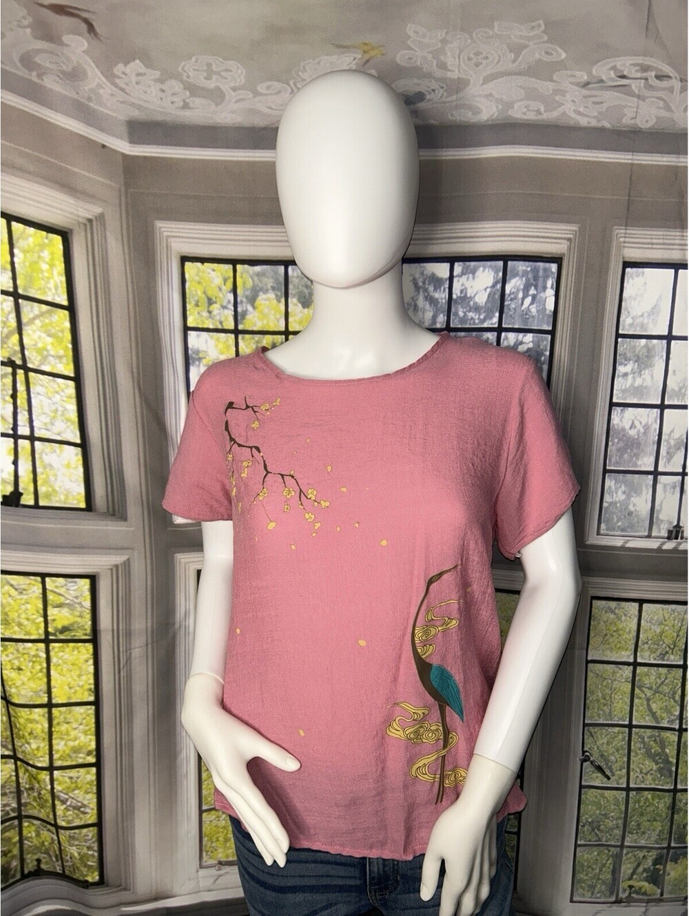 Pink Graphic Blouse – Size 2XL | Lightweight Floral & Crane Design